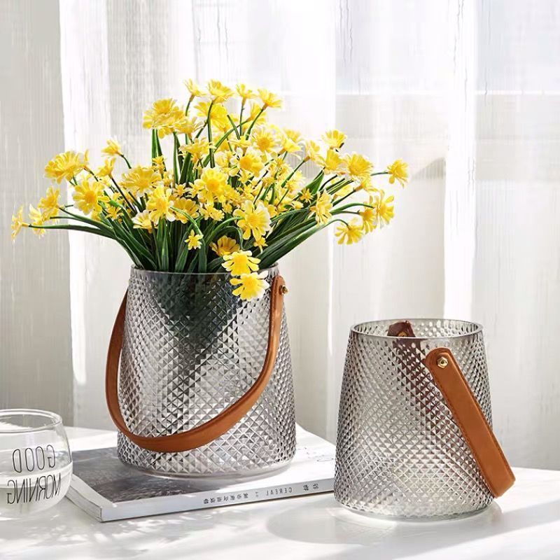 Crystal Glass Vase With Handle Tabletop Flower Hydroponic Plant Bottle